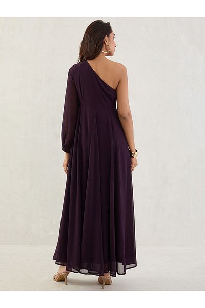 Styli Purple Solid One Shoulder Neck A-Line Maxi Dress