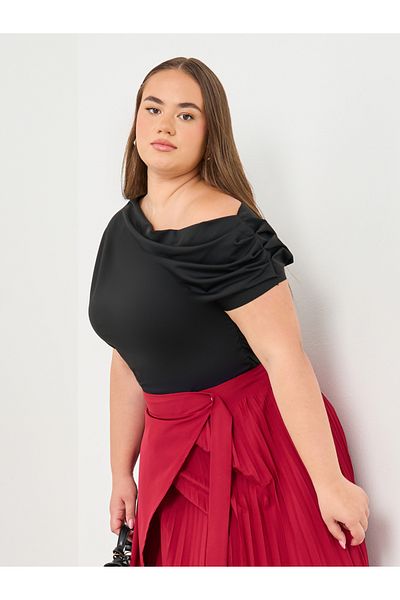 Styli Plus Top with Asymmetric Neck and Short Sleeve
