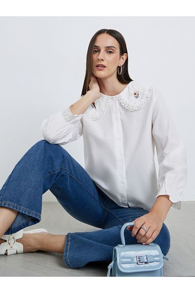 Styli White Lace Insert Embroidered Detail Long Sleeve Top