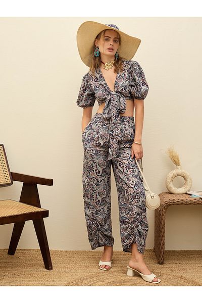 Sassafras By Styli Paisley Print Tie-Front Crop Top and Trousers Co-Ords