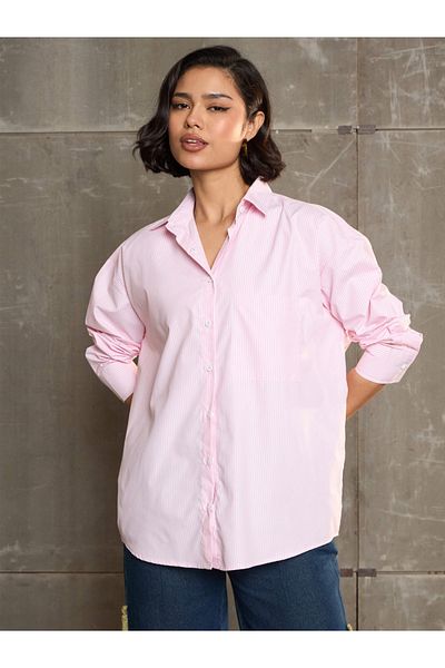Sassafras By Styli Pink and White Striped Oversized Buttoned Shirt
