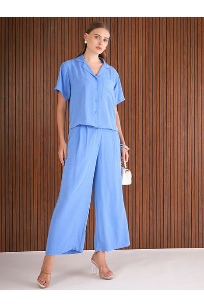 Sassafras By Styli Blue Notch Lapel Collar Shirt and Straight Pants Co-Ords