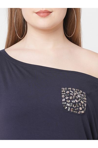 Mish By Styli Women Navy Blue Embellished Detail One Side Off-Shoulder T-Shirt