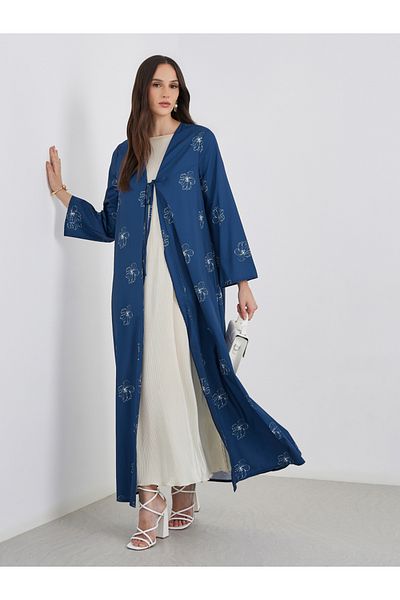 Styli Women Navy Blue Front Tie-Up Abaya with All Over Floral Print