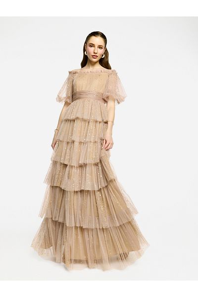 House of Moda By Styli Ruffle Detail Off Shoulder Tulle Maxi Dress