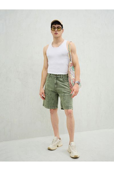 Mascln Sassafras By Styli Men Green Washed Denim Relaxed Fit Carpenter Shorts