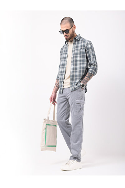 British Club By Styli Men Grey Straight Fit Corduroy Cargo Trousers