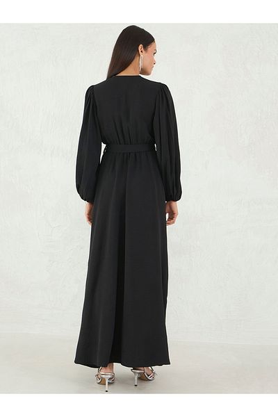 Styli Black Solid V Neck Wrap Look A-Line Maxi Dress