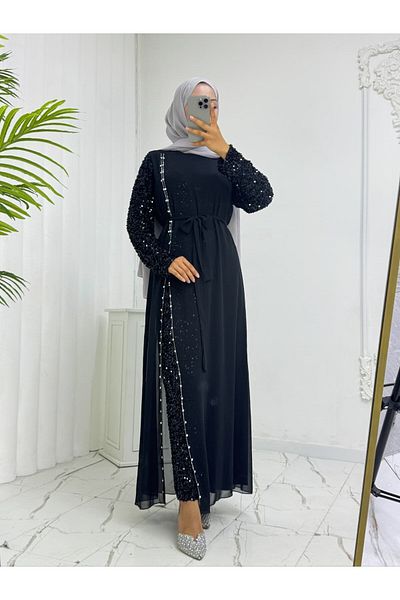 Modamorfo Chiffon Evening Dress with Sequin Belt on Sleeves -Black