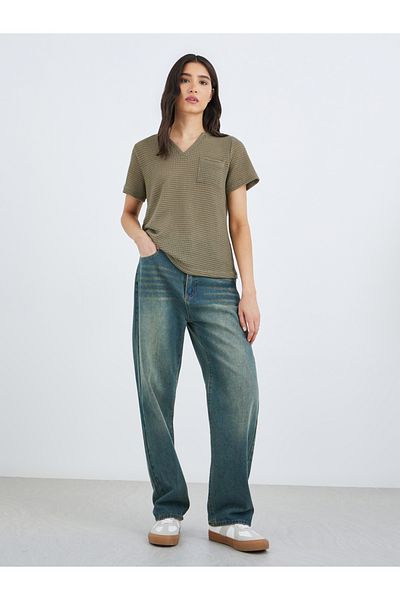 Styli Green Textured V Neck T-Shirt with Patch Pocket