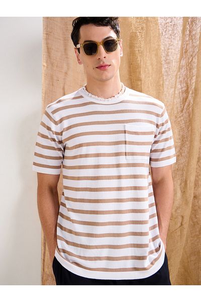 Mascln Sassafras By Styli White and Beige Stripes Premium Knit Chest Pocket T-Shirt