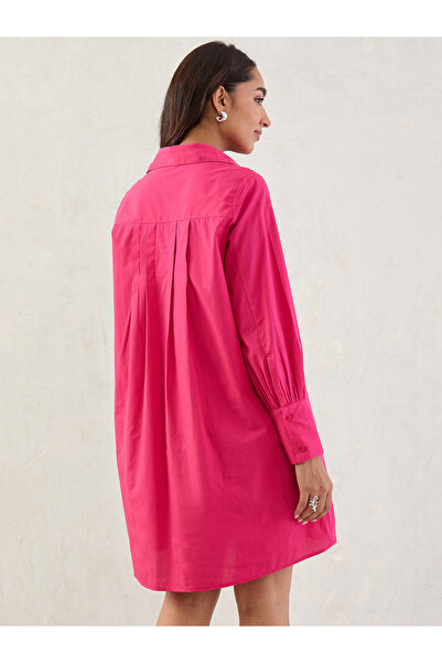 Styli Pink Solid Poplin Pleated Shirt Mini Dress with Belted Detail