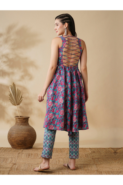 Globus By Styli Floral Print V-Neck Sleeveless Cotton A-Line Kurta with Trousers Co-Ords