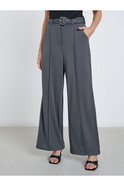 Styli Women Charcoal Wide Leg Trousers with Pintuck Detail