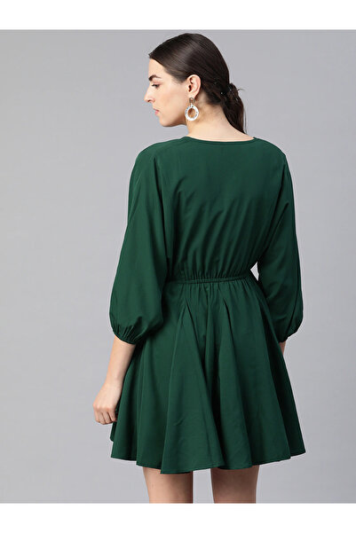 Kassually By Styli Women Green Solid V Neck Fit and Flare Mini Dress