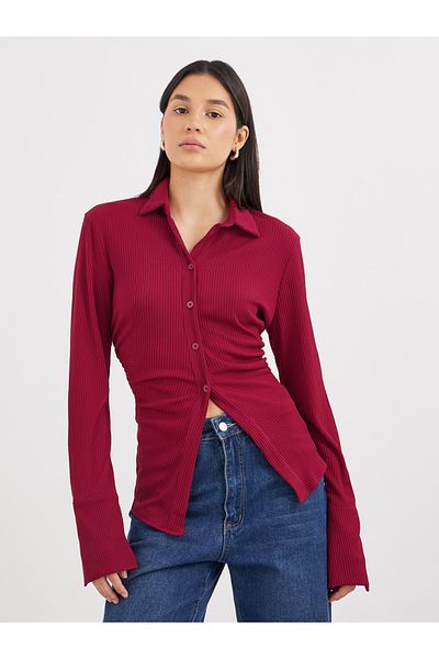 Styli Women Burgundy Ribbed Fitted Longline Shirt
