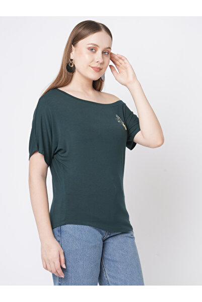 Mish By Styli Women Green Embellished Detail One Side Off-Shoulder T-Shirt