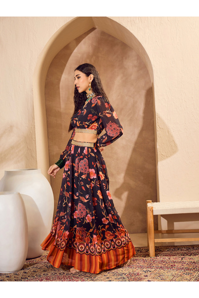Sassafras By Styli Black Floral Print Wrap Crop Top with Anarkali Skirt Co-Ords