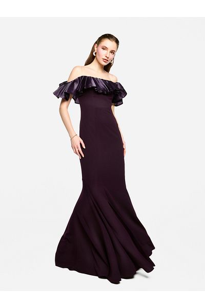 House of Moda By Styli Off Shoulder Ruffled Detail Mermaid Hem Maxi Dress
