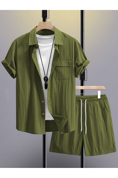 Styli Men Khaki Solid Pocket Detail Shirt and Shorts Co-Ords