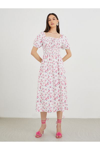 Styli Floral Print Puff Sleeve Smocked Midi Dress