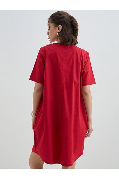 Styli Red Solid Poplin Shift Knee Length Dress