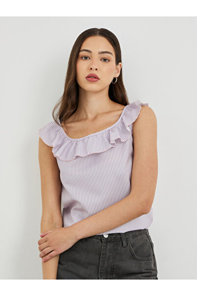 Styli Striped Ruffled Neckline Sleeveless Top