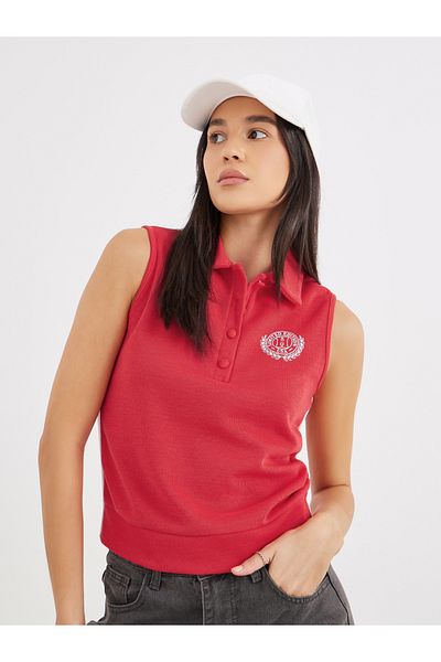 Styli Embroidered Sleeveless Knit Polo Neck Top