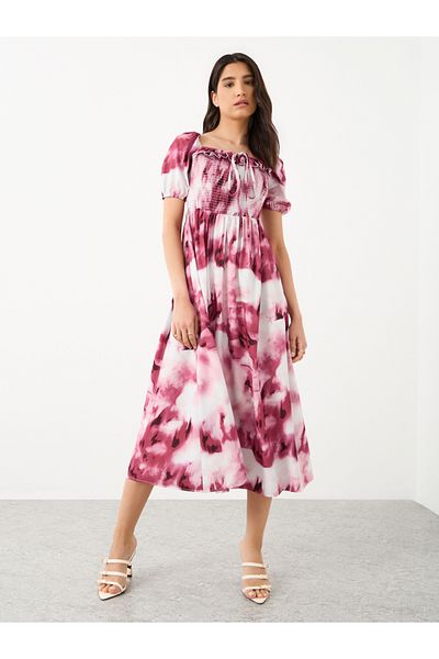 Styli All-Over Printed Smocking Detail Midi Dress