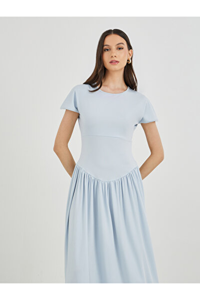 Styli Solid Round Neck A-Line Midi Dress
