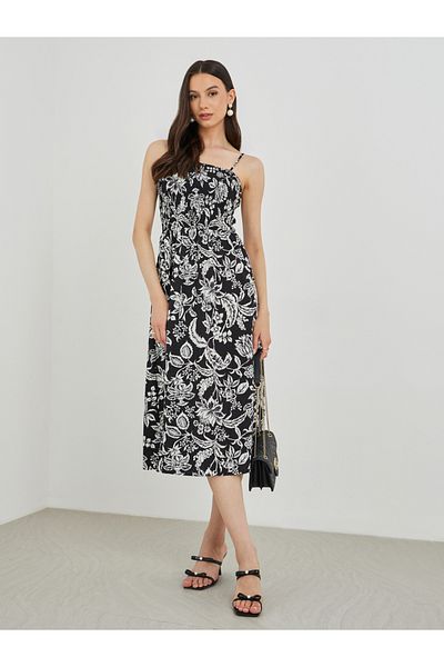 Styli Floral Print A-Line Smocking Detail Maxi Dress
