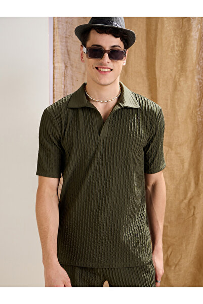 Mascln Sassafras By Styli Olive Textured Relaxed Fit Polo Neck T-Shirt