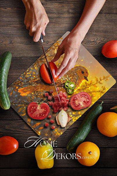 home dekors Glass Cutting Board Chopping Board Presentation Board Yellow Sparrow Dowry Gift 35X25 cm