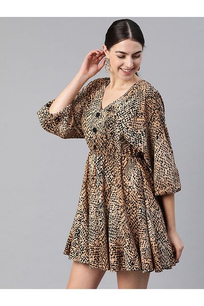 Kassually By Styli Women Animal Print V Neck Fit and Flare Mini Dress