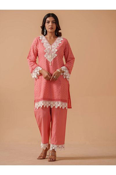 DW By Styli Embroidered Lace Trim Tunic with Trousers Co-Ords