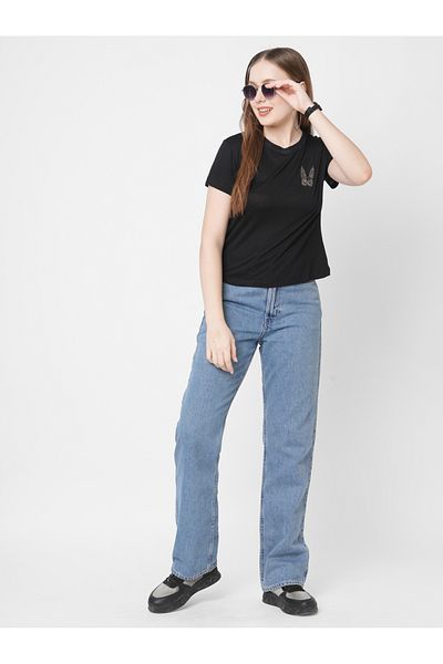 Mish By Styli Women Black Embellished Bunny Detail Short Sleeve T-Shirt
