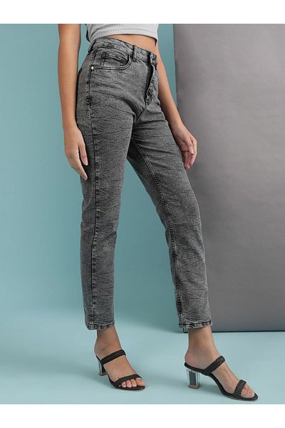 Freehand By Styli Women Grey Straight Fit Acid Washed Jeans
