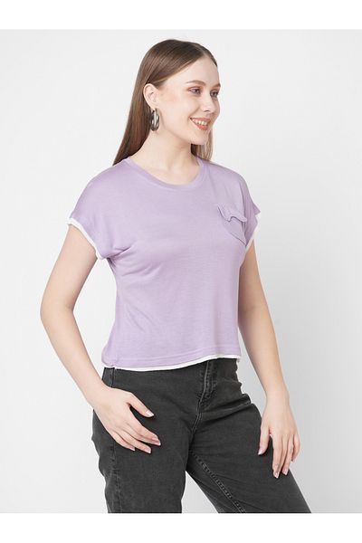 Mish By Styli Women Purple Contrast Trim Short Sleeve T-Shirt with Flap Pocket