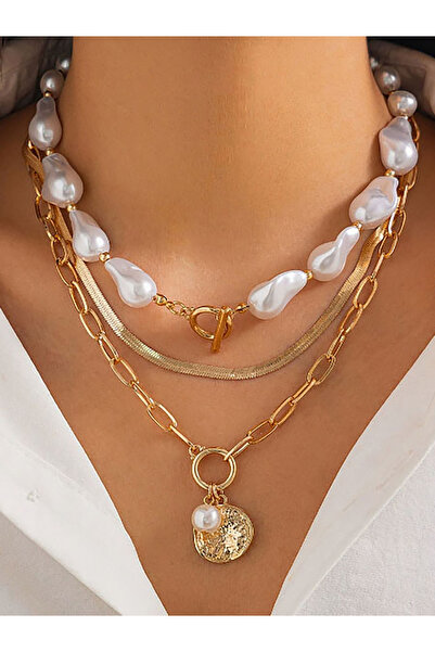 Styli مجموعة من 3 قلادات ذهبية متعددة الطبقات مرصعة باللؤلؤ