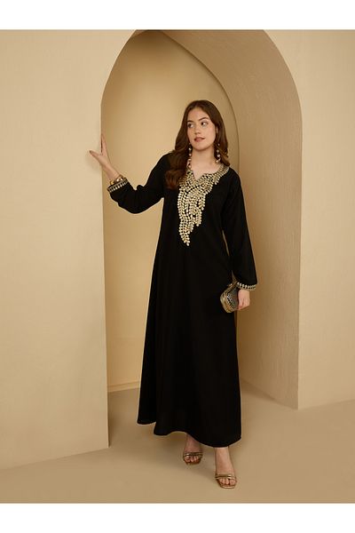 Styli Black Embroidered A-Line Jalabiya with Embellishment