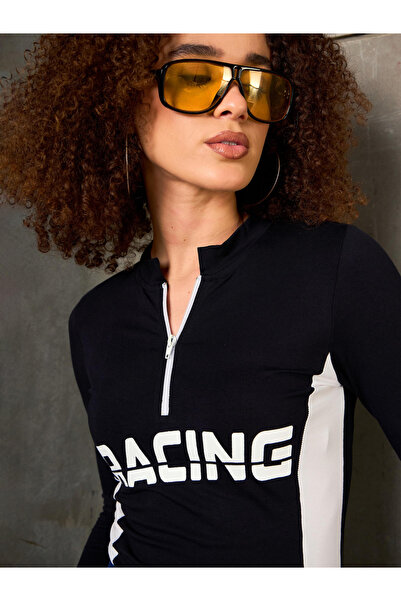 Sassafras By Styli Black Racing Print High Neck Fitted T-Shirt