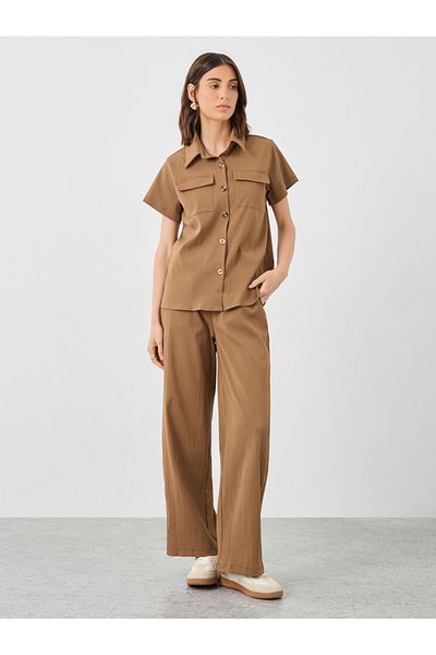 Styli Brown Solid Shirt and Wide Leg Pants Co-Ords
