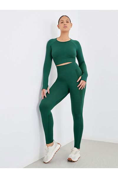 Styli Seamless Tonal Jacquard Long Sleeve Crop Top and Leggings Set