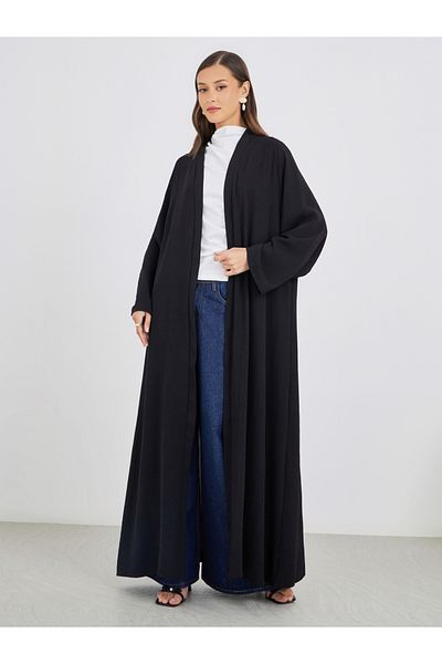 Styli Women Black Crinkled Open Front Abaya