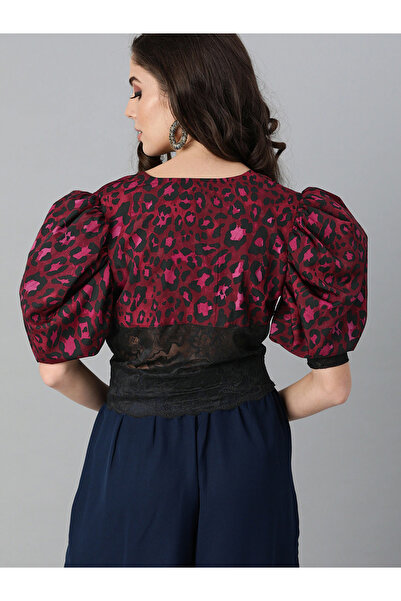 Kassually By Styli Leopard Printed Puff Sleeves Lace Insert Crop Top