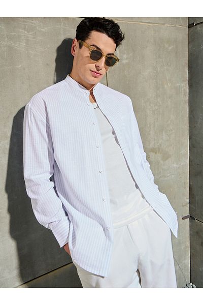 Mascln Sassafras By Styli Men White Striped Mandarin Collar Relaxed Fit Shirt