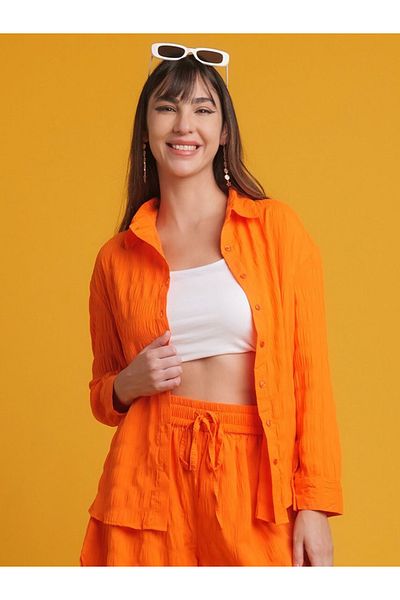 Freehand By Styli Women Orange Seersucker Oversized Shirt