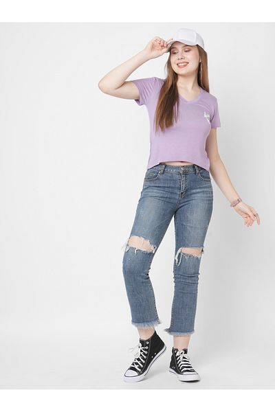 Mish By Styli Women Purple Embroidered Bird Detail Short Sleeve T-Shirt
