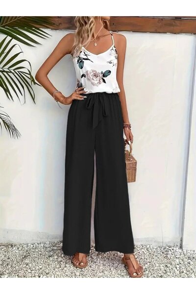 buğrahayalin Women's Double Set with Rope Strap, V-Neck, Single Jersey Blouse and Aerobin Trousers