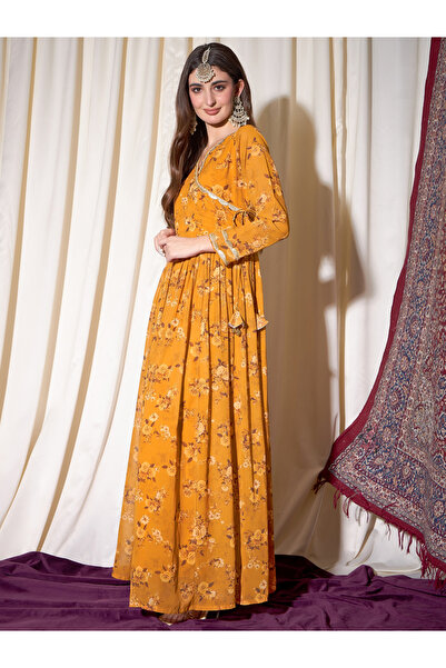 INDO STREET By Styli Yellow Floral Print Lace and Tie Up Ethnic Maxi Dress
